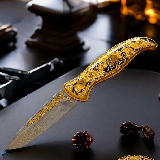 Нож складной дамасский "Волчья пара. Златоуст