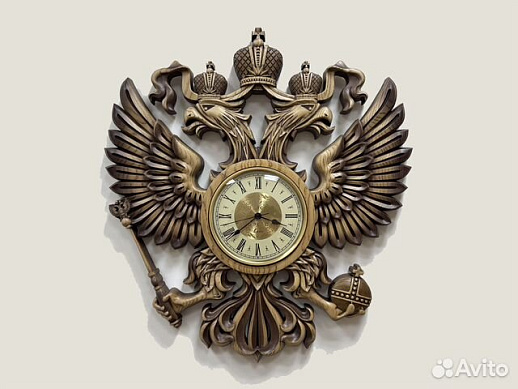 Часы герб РФ резной из дерева ясень купить с доставкой Часы герб РФ резной из дерева ясень